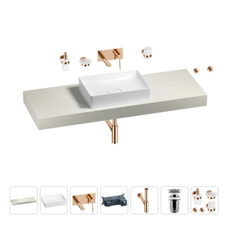 Раковина 50 см со столешницей 140 см Wellsee Pure BY Wellsee 201011449 в наборе 9 в 1: столешница, раковина, встраиваемый смеситель, сифон, выпуск, аксессуары (цвет набора розовое золото)