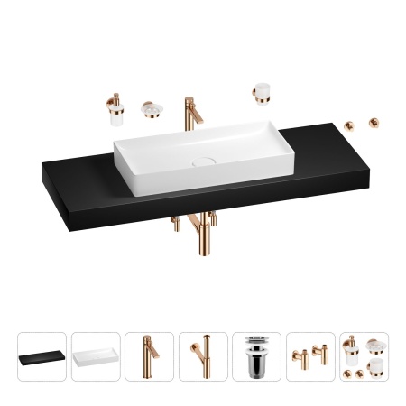 Раковина 75 см со столешницей 140 см Wellsee Pure BY Wellsee 201011899 в наборе 10 в 1: столешница, раковина, высокий смеситель, сифон, выпуск, кран-вентили, аксессуары (цвет розовое золото)