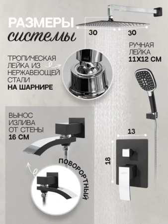 Душевая система скрытого монтажа Hansberge H6077 Черный хром