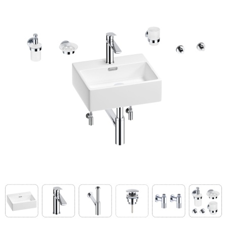 Раковина для ванной Wellsee Graceful Pro 201006631 в наборе 9 в 1: раковина белого глянцевого цвета, смеситель, сифон, донный клапан, угловые вентили, аксессуары (цвет набора хром)