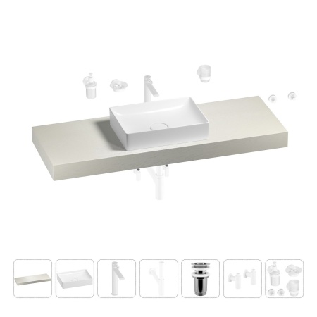 Раковина 50 см со столешницей 140 см Wellsee Pure BY Wellsee 201011440 в наборе 10 в 1: столешница, раковина, высокий смеситель, сифон, выпуск, кран-вентили, аксессуары (цвет матовый белый)
