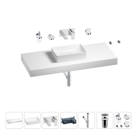 Раковина 42 см со столешницей 120 см Wellsee Pure BY Wellsee 201010956 в наборе 9 в 1: столешница, раковина, встраиваемый смеситель, сифон, выпуск, аксессуары (цвет набора хром)