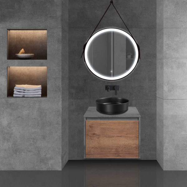 Тумба под раковину Vincea Mesa 600 подвесная, 1 выкатной/1 скрытый ящик soft close, T.Oak + Beton