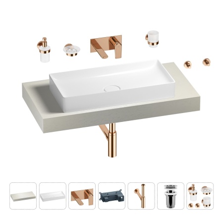 Раковина 75 см со столешницей 100 см Wellsee Pure BY Wellsee 201011564 в наборе 9 в 1: столешница, раковина, встраиваемый смеситель, сифон, выпуск, аксессуары (цвет набора розовое золото)