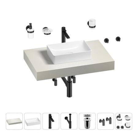 Раковина 42 см со столешницей 80 см Wellsee Pure BY Wellsee 201010712 в наборе 10 в 1: столешница, раковина, высокий смеситель, сифон, выпуск, кран-вентили, аксессуары (цвет матовый черный)