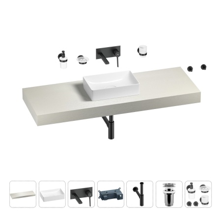Раковина 42 см со столешницей 140 см Wellsee Pure BY Wellsee 201010992 в наборе 9 в 1: столешница, раковина, встраиваемый смеситель, сифон, выпуск, аксессуары (цвет набора матовый черный)