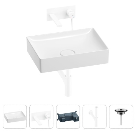 Раковина для ванной Wellsee Pure BY Wellsee 201002680 в наборе 4 в 1: раковина белого глянцевого цвета, встраиваемый смеситель, сифон, выпуск (цвет набора матовый белый)