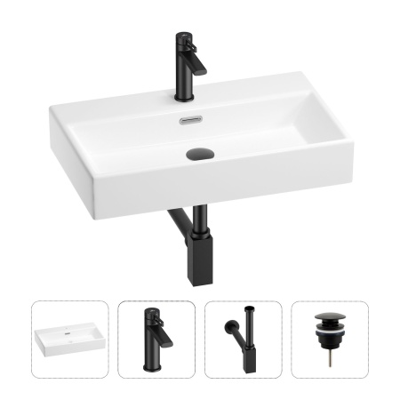 Раковина для ванной Wellsee Graceful Pro 201002967 в наборе 4 в 1: раковина белого глянцевого цвета, смеситель, сифон, донный клапан (цвет набора матовый черный)