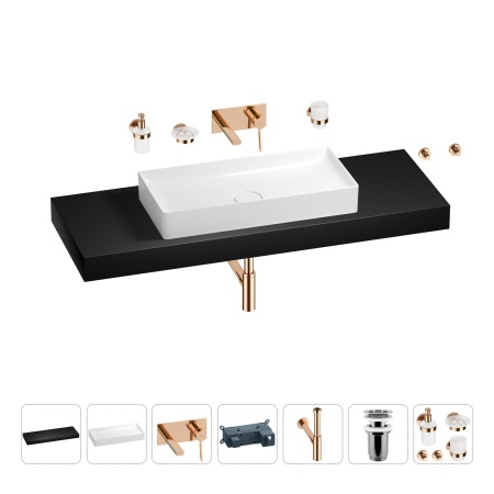 Раковина 75 см со столешницей 140 см Wellsee Pure BY Wellsee 201011909 в наборе 9 в 1: столешница, раковина, встраиваемый смеситель, сифон, выпуск, аксессуары (цвет набора розовое золото)