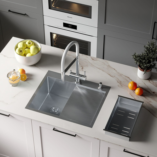 Кухонная мойка Roxen Vespa 60х50 левая, с коландером и дозатором, сатин 560230-60L