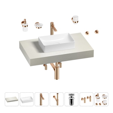 Раковина 42 см со столешницей 80 см Wellsee Pure BY Wellsee 201010714 в наборе 10 в 1: столешница, раковина, высокий смеситель, сифон, выпуск, кран-вентили, аксессуары (цвет розовое золото)