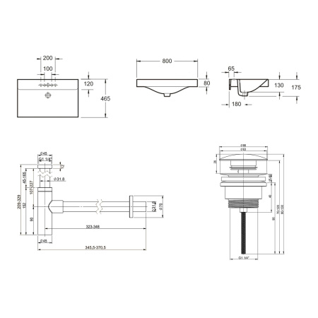 Комплект 3 в 1 Lavinia Boho Bathroom Sink 21520637: врезная фарфоровая раковина 80 см, металлический сифон, донный клапан