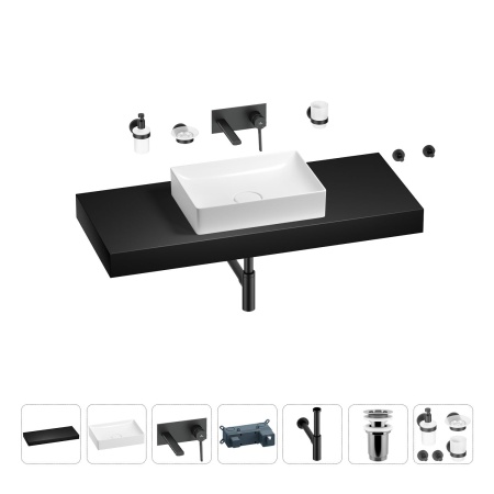 Раковина 50 см со столешницей 120 см Wellsee Pure BY Wellsee 201011427 в наборе 9 в 1: столешница, раковина, встраиваемый смеситель, сифон, выпуск, аксессуары (цвет набора матовый черный)