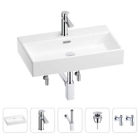 Раковина для ванной Wellsee Graceful Pro 201004636 в наборе 5 в 1: раковина белого глянцевого цвета, смеситель, сифон, донный клапан, угловые вентили (цвет набора хром)