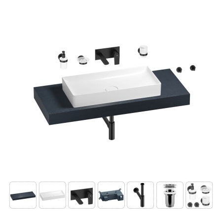Раковина 75 см со столешницей 120 см Wellsee Pure BY Wellsee 201011702 в наборе 9 в 1: столешница, раковина, встраиваемый смеситель, сифон, выпуск, аксессуары (цвет набора матовый черный)