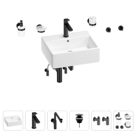 Раковина для ванной Wellsee Graceful Pro 201006692 в наборе 9 в 1: раковина белого глянцевого цвета, смеситель, сифон, донный клапан, угловые вентили, аксессуары (цвет набора матовый черный)