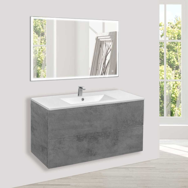 Тумба Vincea Mia 1000 подвесная, 2 выкатных ящика soft close, Beton с умывальником VBS-13100 керамическая, цвет белый
