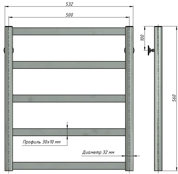 Полотенцесушитель водяной Stinox Maxima 500x600, нижнее подключение, хром, 1/2" ВР (внутренняя резьба), 5 перекладин