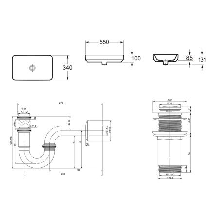 Комплект 3 в 1 Lavinia Boho Bathroom Sink 21520109: накладная фарфоровая раковина 55 см, металлический сифон, донный клапан