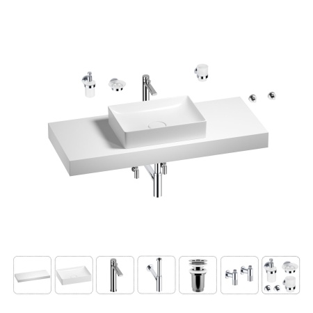 Раковина 50 см со столешницей 120 см Wellsee Pure BY Wellsee 201011396 в наборе 10 в 1: столешница, раковина, высокий смеситель, сифон, выпуск, кран-вентили, аксессуары (цвет хром)