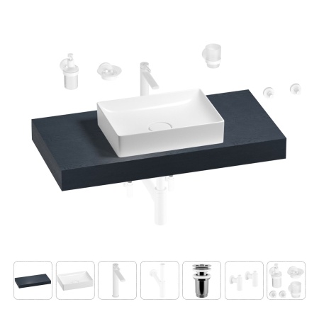 Раковина 50 см со столешницей 100 см Wellsee Pure BY Wellsee 201011220 в наборе 10 в 1: столешница, раковина, высокий смеситель, сифон, выпуск, кран-вентили, аксессуары (цвет матовый белый)