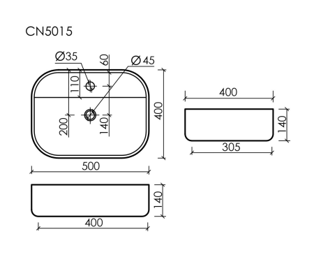 Умывальник чаша накладная прямоугольная Элемент (Element) 500x400x140мм