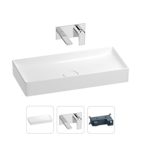 Раковина для ванной Wellsee Pure BY Wellsee 201000746 в наборе 2 в 1: прямоугольная раковина белого глянцевого цвета, встраиваемый смеситель в цвете хром
