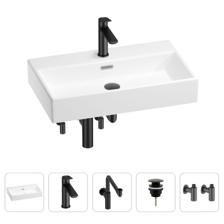 Раковина для ванной Wellsee Graceful Pro 201004667 в наборе 5 в 1: раковина белого глянцевого цвета, смеситель, сифон, донный клапан, угловые вентили (цвет набора матовый черный)