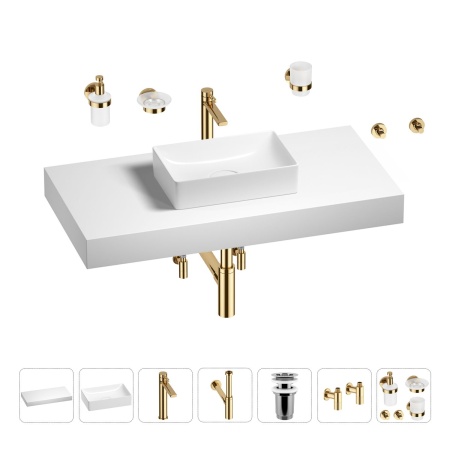 Раковина 42 см со столешницей 100 см Wellsee Pure BY Wellsee 201010863 в наборе 10 в 1: столешница, раковина, высокий смеситель, сифон, выпуск, кран-вентили, аксессуары (цвет золото)