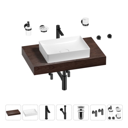 Раковина 50 см со столешницей 80 см Wellsee Pure BY Wellsee 201011137 в наборе 10 в 1: столешница, раковина, высокий смеситель, сифон, выпуск, кран-вентили, аксессуары (цвет матовый черный)