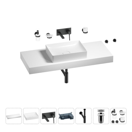 Раковина 50 см со столешницей 120 см Wellsee Pure BY Wellsee 201011407 в наборе 9 в 1: столешница, раковина, встраиваемый смеситель, сифон, выпуск, аксессуары (цвет набора матовый черный)