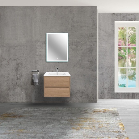Тумба Vincea Gio 600 подвесная, 2 выкатных ящика soft-close, N.Oak с умывальником VBS-13960 керамическая, цвет белый