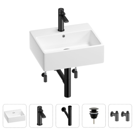 Раковина для ванной Wellsee Graceful Pro 201004602 в наборе 5 в 1: раковина белого глянцевого цвета, смеситель, сифон, донный клапан, угловые вентили (цвет набора матовый черный)