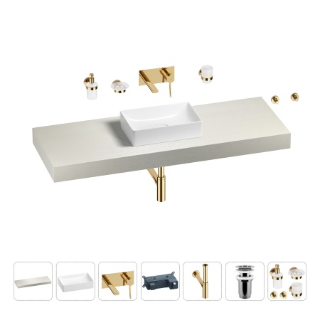 Раковина 42 см со столешницей 140 см Wellsee Pure BY Wellsee 201010993 в наборе 9 в 1: столешница, раковина, встраиваемый смеситель, сифон, выпуск, аксессуары (цвет набора золото)