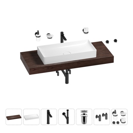 Раковина 75 см со столешницей 120 см Wellsee Pure BY Wellsee 201011737 в наборе 10 в 1: столешница, раковина, высокий смеситель, сифон, выпуск, кран-вентили, аксессуары (цвет матовый черный)