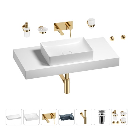 Раковина 50 см со столешницей 100 см Wellsee Pure BY Wellsee 201011288 в наборе 9 в 1: столешница, раковина, встраиваемый смеситель, сифон, выпуск, аксессуары (цвет набора золото)