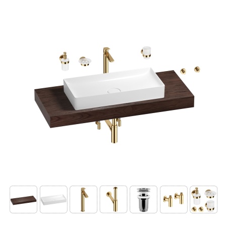 Раковина 75 см со столешницей 120 см Wellsee Pure BY Wellsee 201011733 в наборе 10 в 1: столешница, раковина, высокий смеситель, сифон, выпуск, кран-вентили, аксессуары (цвет золото)