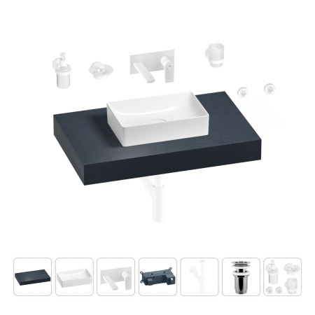 Раковина 42 см со столешницей 80 см Wellsee Pure BY Wellsee 201010735 в наборе 9 в 1: столешница, раковина, встраиваемый смеситель, сифон, выпуск, аксессуары (цвет набора матовый белый)