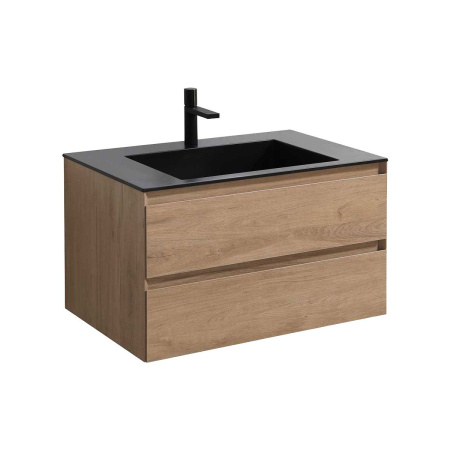 Тумба Vincea Luka 800 подвесная, 2 выкатных ящика soft-close, N.Oak с умывальником VCB-13800B из кварца, цвет черный