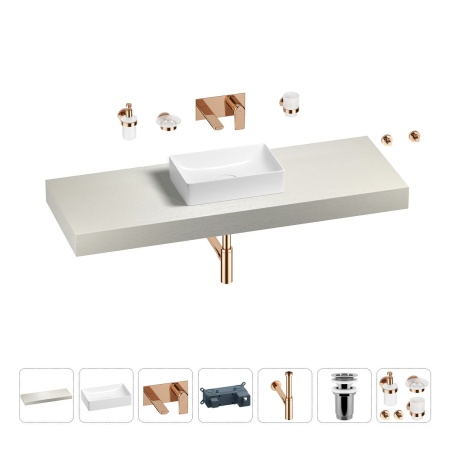 Раковина 42 см со столешницей 140 см Wellsee Pure BY Wellsee 201010989 в наборе 9 в 1: столешница, раковина, встраиваемый смеситель, сифон, выпуск, аксессуары (цвет набора розовое золото)