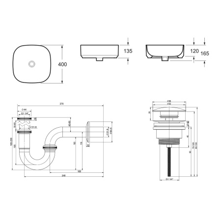 Комплект 3 в 1 Lavinia Boho Bathroom Sink 21520218: накладная фарфоровая раковина 40 см, металлический сифон, донный клапан