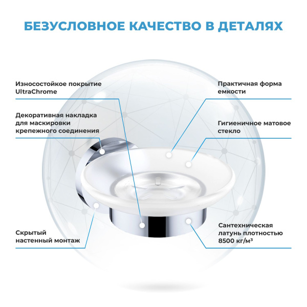 Стеклянная мыльница с латунным настенным держателем Wellsee Finishing Touch 182501000 (цвет мыльницы матовый, цвет держателя хром). Для применения в ванной комнате и кухне