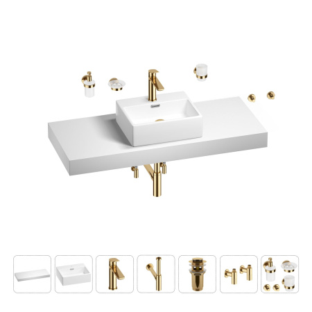 Раковина 43 см со столешницей 120 см Wellsee Graceful Pro 201012313 в наборе 10 в 1: столешница, раковина, смеситель, сифон, донный клапан, угловые вентили, аксессуары (цвет золото)