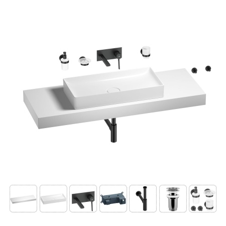 Раковина 75 см со столешницей 140 см Wellsee Pure BY Wellsee 201011887 в наборе 9 в 1: столешница, раковина, встраиваемый смеситель, сифон, выпуск, аксессуары (цвет набора матовый черный)