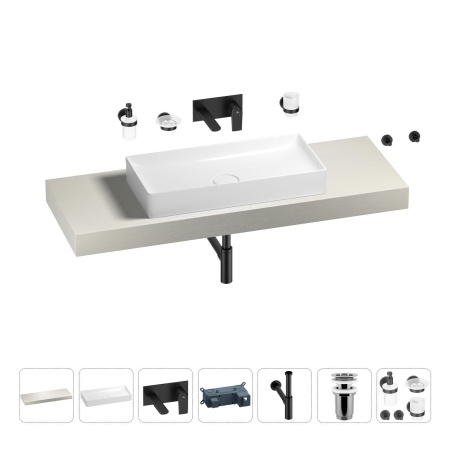 Раковина 75 см со столешницей 140 см Wellsee Pure BY Wellsee 201011802 в наборе 9 в 1: столешница, раковина, встраиваемый смеситель, сифон, выпуск, аксессуары (цвет набора матовый черный)