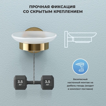 Стеклянная мыльница с латунным настенным держателем Wellsee Finishing Touch 182503000 (цвет мыльницы матовый, цвет держателя золотой). Для применения в ванной комнате и кухне