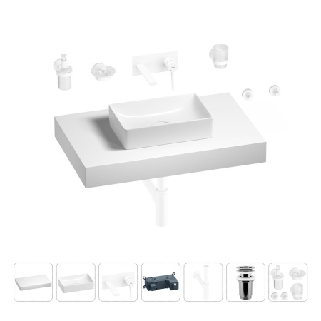 Раковина 42 см со столешницей 80 см Wellsee Pure BY Wellsee 201010785 в наборе 9 в 1: столешница, раковина, встраиваемый смеситель, сифон, выпуск, аксессуары (цвет набора матовый белый)