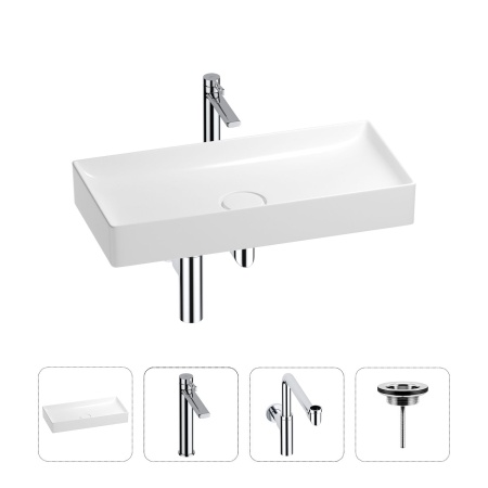 Раковина для ванной Wellsee Pure BY Wellsee 201002786 в наборе 4 в 1: раковина белого глянцевого цвета, высокий смеситель, сифон, выпуск (цвет набора хром)