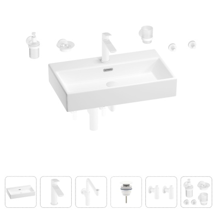 Раковина для ванной Wellsee Graceful Pro 201006745 в наборе 9 в 1: раковина белого глянцевого цвета, смеситель, сифон, донный клапан, угловые вентили, аксессуары (цвет набора матовый белый)