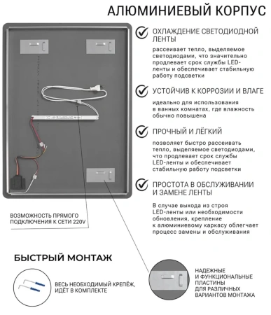 Зеркало EMZE Led Смартфон с подсветкой и УФ-окантовкой 50x70 (черный)